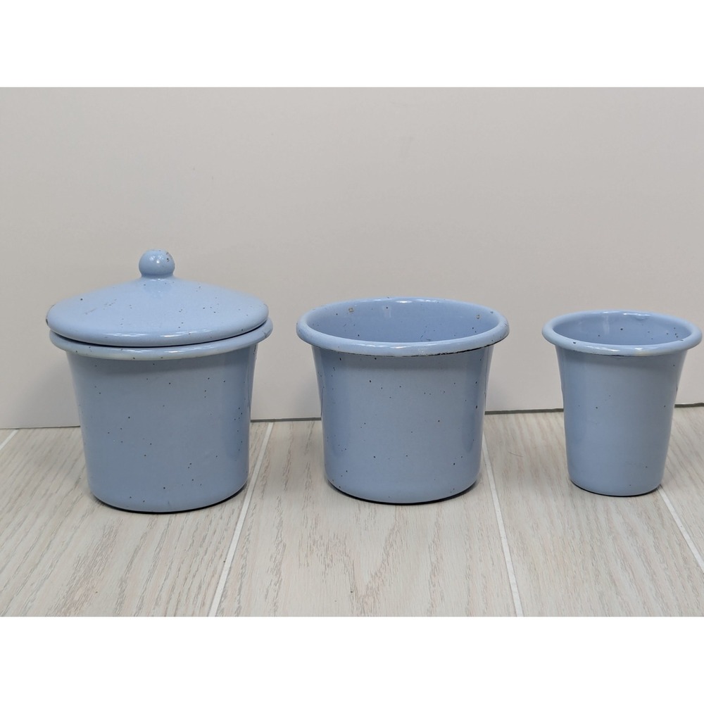 Martha Stewart Enamelware Blue Speckled Bath Set Cup Cotton ball Jar